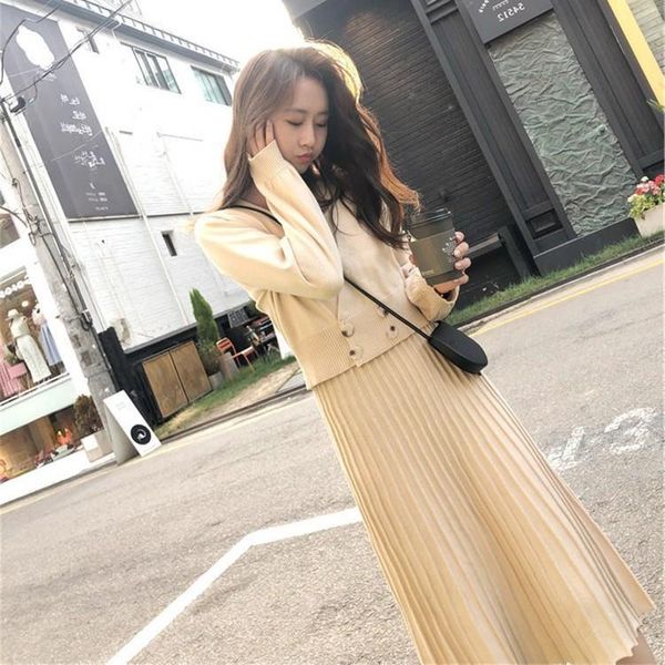 two piece dress women long sleeve sweater coat pleated dresses set casual winter midi knitted suit solid outfits, White
two piece dress women long sleeve sweater coat pleated dresses set casual winter midi knitted suit solid outfits, White