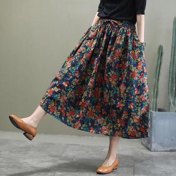 skirts vintage floral skirt summer 2021 mid-length high waisted thin female retro cotton linen casual midi mujer faldas zh976, Black 
skirts vintage floral skirt summer 2021 mid-length high waisted thin female retro cotton linen casual midi mujer faldas zh976, Black
