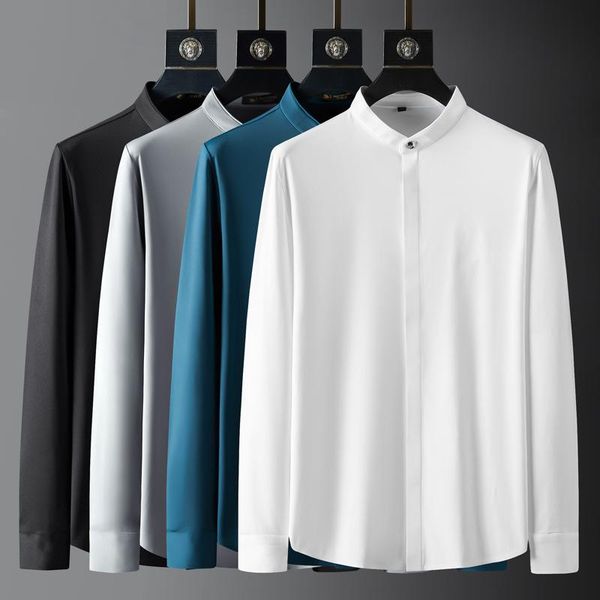 men's casual shirts 2021 spring autumn luxury ice silk stand collar long sleeve male slim solid color man 4xl, White;black
men's casual shirts 2021 spring autumn luxury ice silk stand collar long sleeve male slim solid color man 4xl, White;black
