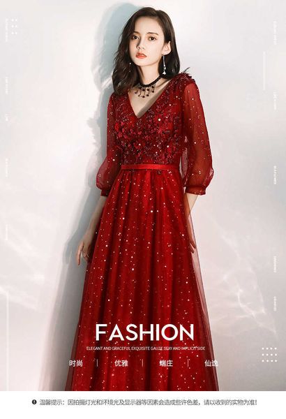 luxury party evening dress toast bride autumn and winter large wine red sleeve wedding evening dr's long v-neck back door, Black;gray 
luxury party evening dress toast bride autumn and winter large wine red sleeve wedding evening dr's long v-neck back door, Black;gray