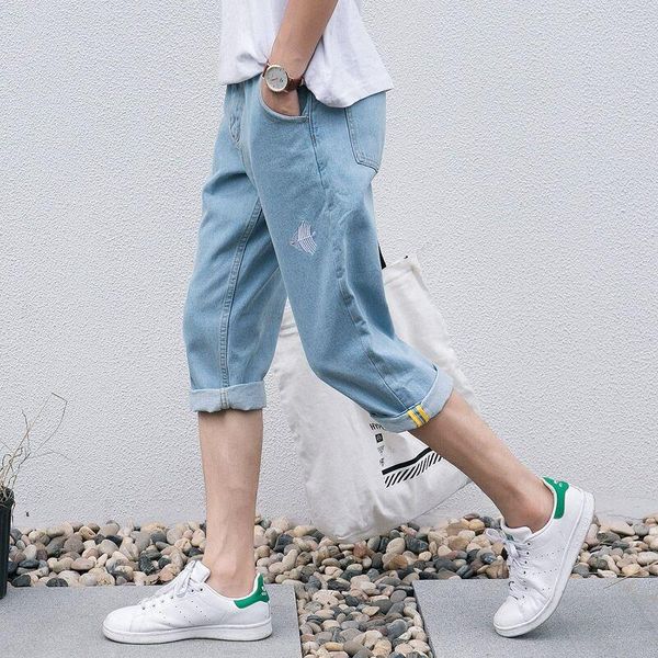 men's jeans 2021 teenager cropped men shorts korean style loose straight wide leg pants fish bone embroidery, Blue
men's jeans 2021 teenager cropped men shorts korean style loose straight wide leg pants fish bone embroidery, Blue