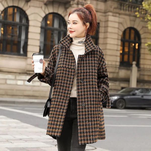 women's wool & blends plaid woolen coat women mid-length outerwear 2021 autumn winter overcoat loose houndstooth fashion trench female, Black
women's wool & blends plaid woolen coat women mid-length outerwear 2021 autumn winter overcoat loose houndstooth fashion trench female, Black