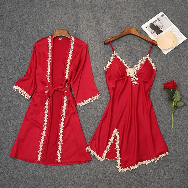 women's sleepwear women nightwear 2 piece robe set home dressing gown bride wedding gift lace faux silk kimono, Black;red
women's sleepwear women nightwear 2 piece robe set home dressing gown bride wedding gift lace faux silk kimono, Black;red
