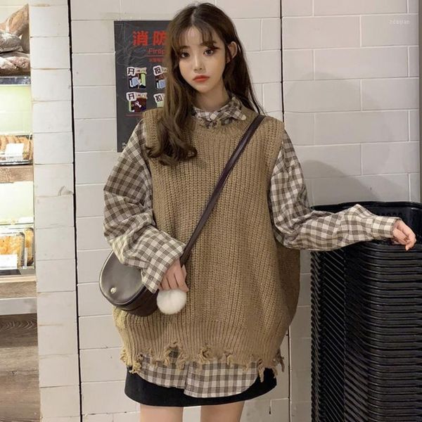 women's blouses & shirts women autumn fashion 2pc shirt sets retro long sleeve blouse&knitted tank vests female student plaid sweater, White
women's blouses & shirts women autumn fashion 2pc shirt sets retro long sleeve blouse&knitted tank vests female student plaid sweater, White