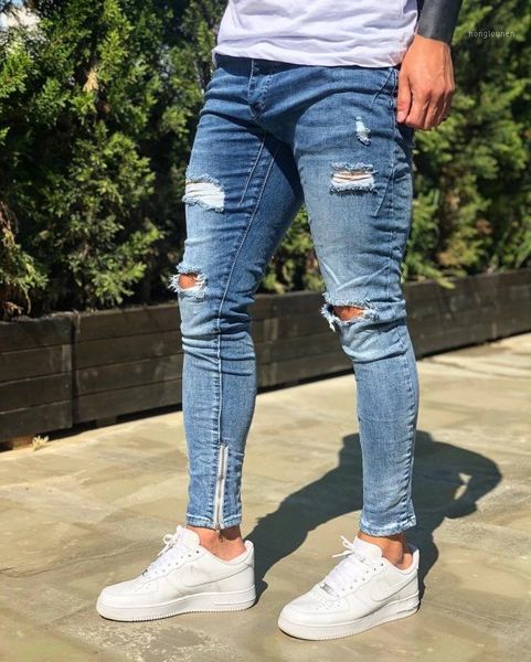 spring and autumn europe america amazon men's ripped jeans elastic foot zipper skinny ankle, Blue
spring and autumn europe america amazon men's ripped jeans elastic foot zipper skinny ankle, Blue