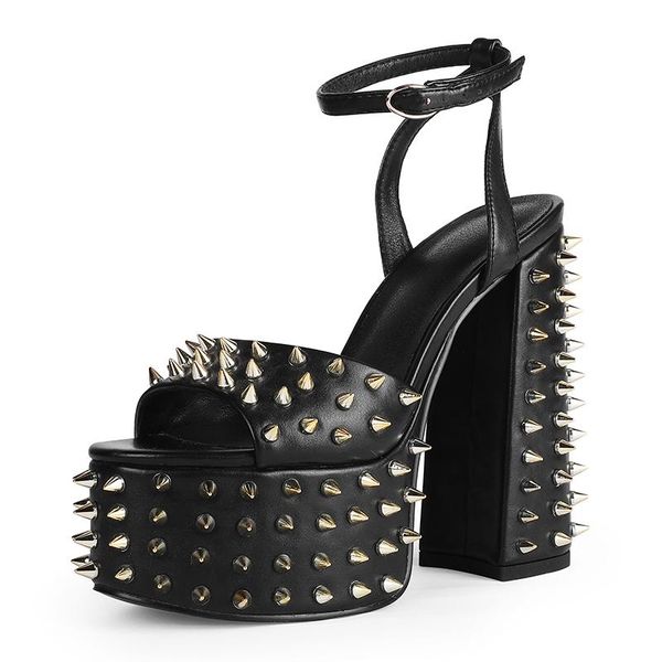 sandals high heel flat buckle european and american style large 2021 summer round head thick rivet women's shoes, Black
sandals high heel flat buckle european and american style large 2021 summer round head thick rivet women's shoes, Black