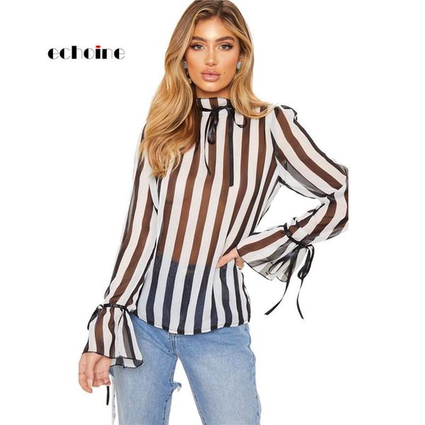 women's blouses & shirts shirt women thin striped print bow perspective loose long flare sleeve turtleneck spring autumn girls daily ou, White
women's blouses & shirts shirt women thin striped print bow perspective loose long flare sleeve turtleneck spring autumn girls daily ou, White