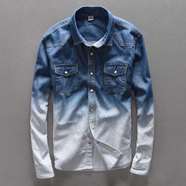 men's casual shirts slim fit denim men gradient color clothing long sleeve man's dress fashion soft 100% cotton jeans shirt, White;black
men's casual shirts slim fit denim men gradient color clothing long sleeve man's dress fashion soft 100% cotton jeans shirt, White;black