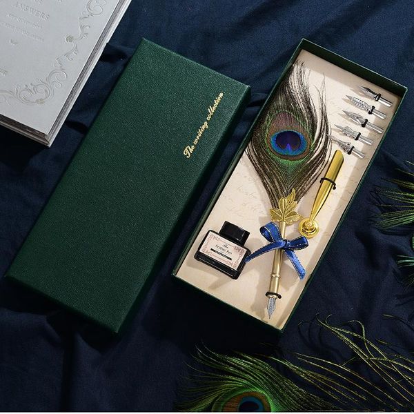 fountain pens retro quill peacock feather dip caligraphy set with ink bottle 5 nib gift box russian european stationery wedding
fountain pens retro quill peacock feather dip caligraphy set with ink bottle 5 nib gift box russian european stationery wedding