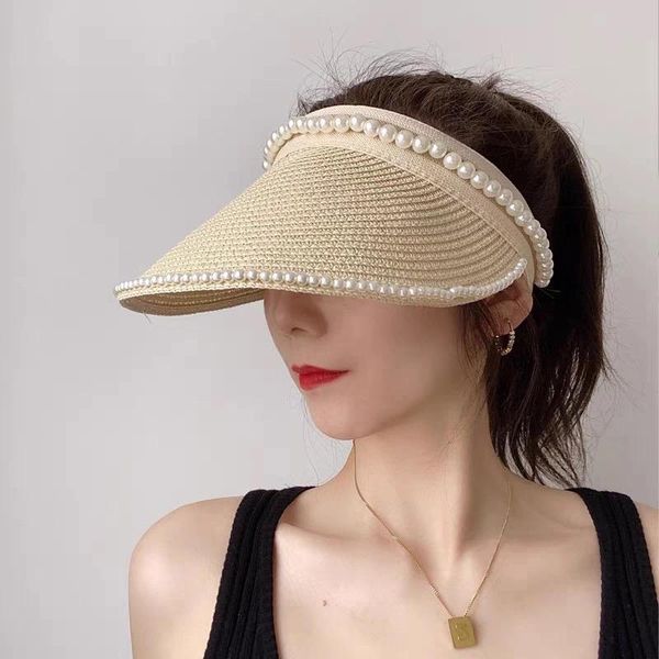 wide brim hats summer sky big straw hat female elastic headband outdoor outing hairpin pearl sun, Blue;gray 
wide brim hats summer sky big straw hat female elastic headband outdoor outing hairpin pearl sun, Blue;gray