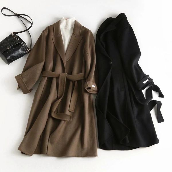 women's wool & blends coat korean mid-length woolen with belt women 2021 winter warm pockets office lady outerwear overcoat, Black
women's wool & blends coat korean mid-length woolen with belt women 2021 winter warm pockets office lady outerwear overcoat, Black
