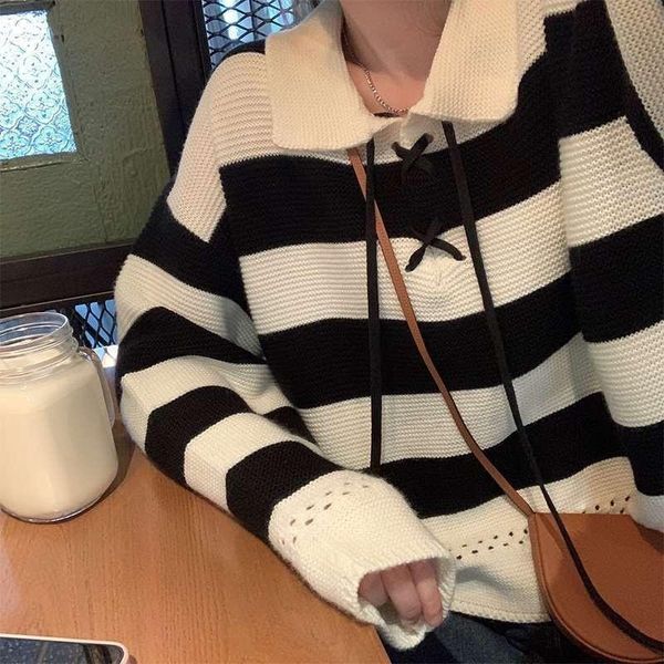 women's sweaters women soft o neck female vintage striped pullover collar lace up knitted straight jumper long sleeve, White;black
women's sweaters women soft o neck female vintage striped pullover collar lace up knitted straight jumper long sleeve, White;black