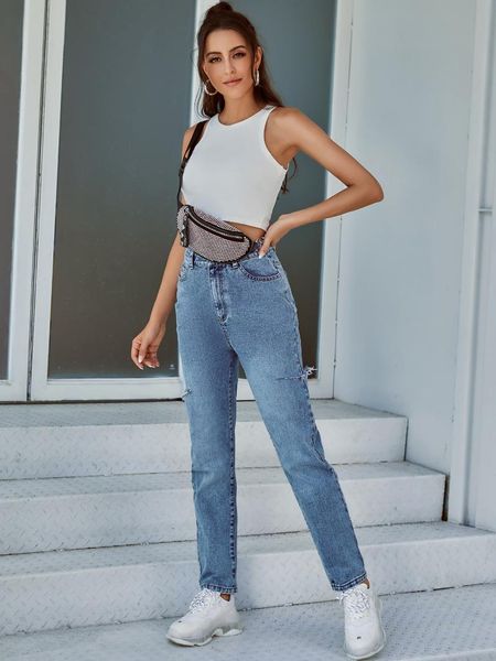 fashion women's high waist ripped jeans casual straight leg trousers with side hole denim pants for all seasons, Blue
fashion women's high waist ripped jeans casual straight leg trousers with side hole denim pants for all seasons, Blue