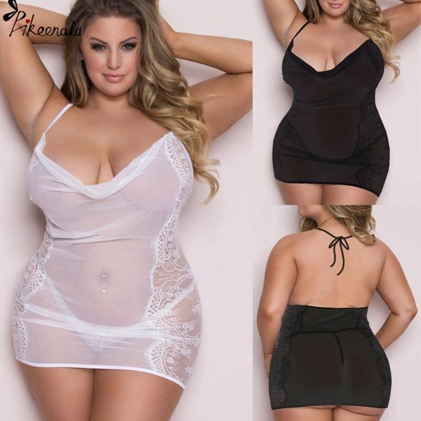 women transparent lace dress, draped v neck halter sleepwear with thong 2021 women's swimwear, White;black
women transparent lace dress, draped v neck halter sleepwear with thong 2021 women's swimwear, White;black