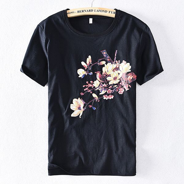 t shirt 2021 summer chinoiserie print men's short sleeve linen loose half, White;black
t shirt 2021 summer chinoiserie print men's short sleeve linen loose half, White;black