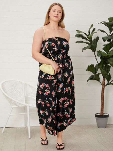 plus floral print tube jumpsuit x4ce#, Black 
plus floral print tube jumpsuit x4ce#, Black