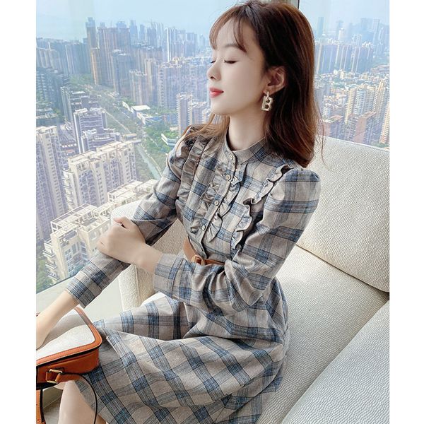 dress 2021 new autumn style stand-up collar female literary plaid long-sleeved women's elegant commuter skirt women, Black;gray 
dress 2021 new autumn style stand-up collar female literary plaid long-sleeved women's elegant commuter skirt women, Black;gray