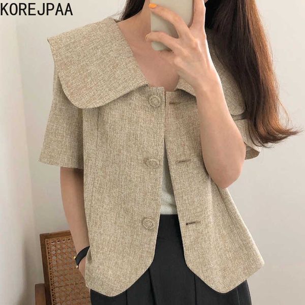 korejpaa women jackets summer korean retro doll collar three buttons loose all-match casual solid color cardigan short coat 210526, Black;brown
korejpaa women jackets summer korean retro doll collar three buttons loose all-match casual solid color cardigan short coat 210526, Black;brown