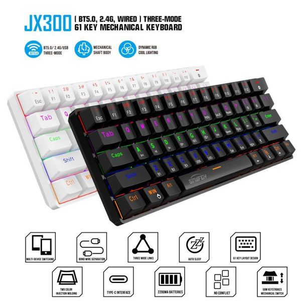 keyboards 2021 jx300 blue switch luminous mechanical keyboard 2.4g wireless bluetooth three-mode gaming portable 61 keys
keyboards 2021 jx300 blue switch luminous mechanical keyboard 2.4g wireless bluetooth three-mode gaming portable 61 keys