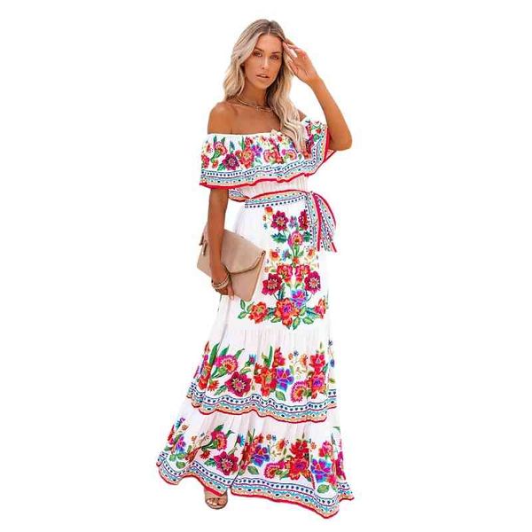 casual dresses summer women's white floral off the shoulder long female streetwear elegant party ladies ljnx, Black;gray 
casual dresses summer women's white floral off the shoulder long female streetwear elegant party ladies ljnx, Black;gray