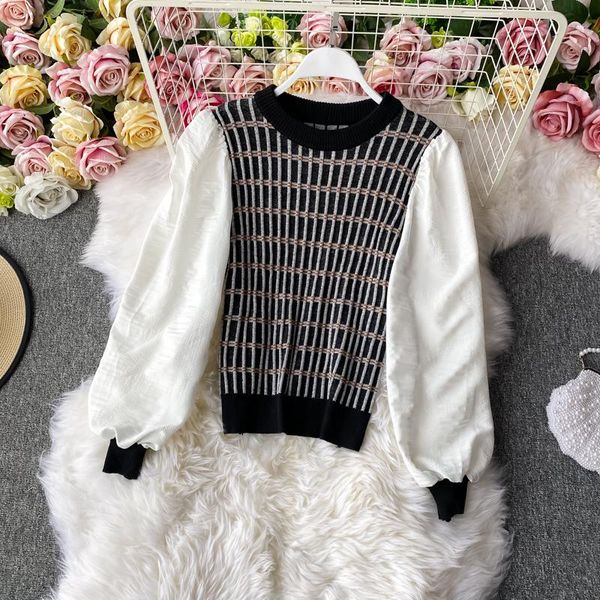 women's sweaters fake two-piece puff sleeve stitching knitted bottoming shirt for autumn and winter female round neck long hk084, White;black
women's sweaters fake two-piece puff sleeve stitching knitted bottoming shirt for autumn and winter female round neck long hk084, White;black