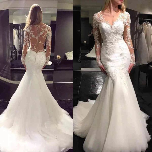 gorgeous mermaid wedding dresses bridal gown with long sleeves crystal beaded sweep train tulle lace applique custom made plus size vestido, White
gorgeous mermaid wedding dresses bridal gown with long sleeves crystal beaded sweep train tulle lace applique custom made plus size vestido, White