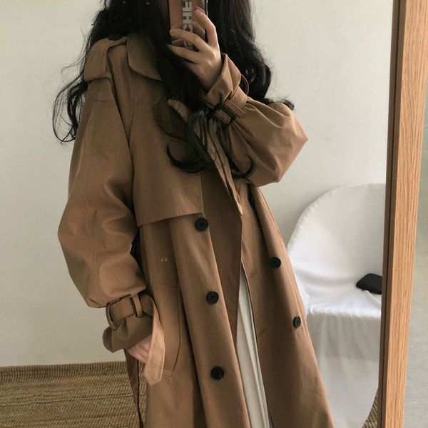 women's trench coats spring autumn giacca donna elegante turn-down collar casual long loose with belt fashion vintage black abrigos muj, Tan;black 
women's trench coats spring autumn giacca donna elegante turn-down collar casual long loose with belt fashion vintage black abrigos muj, Tan;black