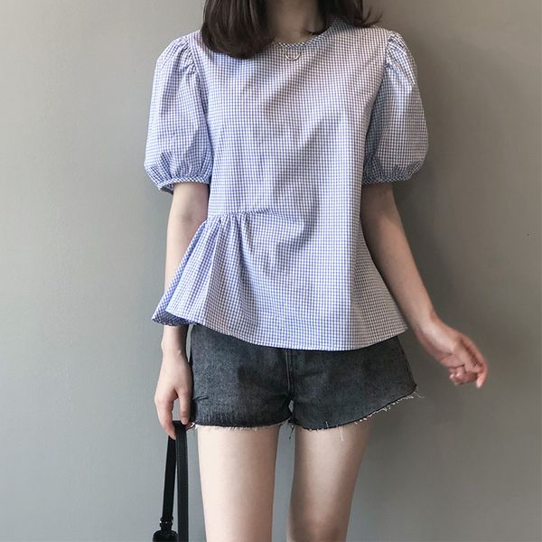 women's blouses & shirts vintage plaid bubble sleeve shirt 2021 summer korean round neck casual blousers design slim short mze, White 
women's blouses & shirts vintage plaid bubble sleeve shirt 2021 summer korean round neck casual blousers design slim short mze, White