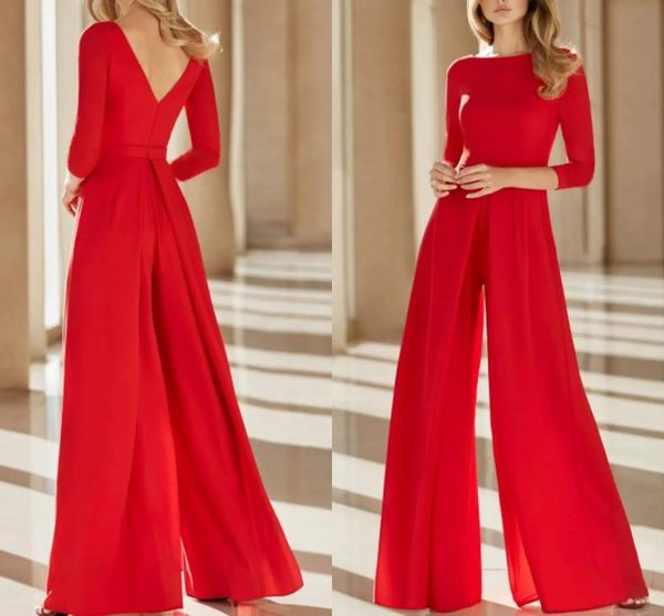 red jumpsuits open back evening dress 2022 jewel neck floor length chiffon prom formal gown robes de soirée vestidos, Black;red
red jumpsuits open back evening dress 2022 jewel neck floor length chiffon prom formal gown robes de soirée vestidos, Black;red