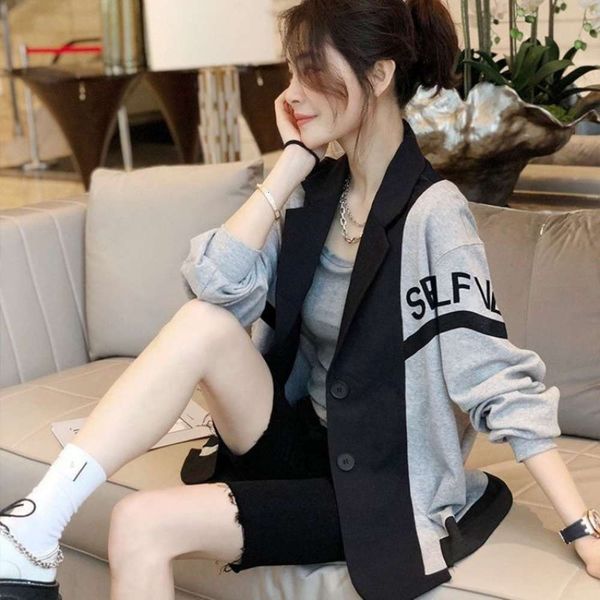 splicing casual suit coat women's thin loose short in spring and autumn, Black;brown
splicing casual suit coat women's thin loose short in spring and autumn, Black;brown