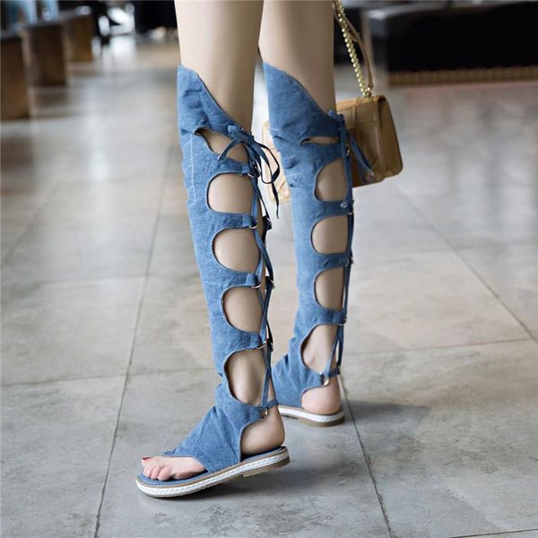 gladiator sandals women knee high casual flat lace up roman summer boots denim blue big size 41 42 43, Black
gladiator sandals women knee high casual flat lace up roman summer boots denim blue big size 41 42 43, Black