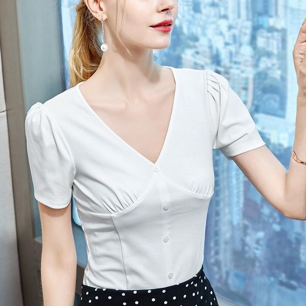 women's t-shirt v-neck short-sleeved women summer button breathable cotton retro young puff sleeve c0015, White
women's t-shirt v-neck short-sleeved women summer button breathable cotton retro young puff sleeve c0015, White