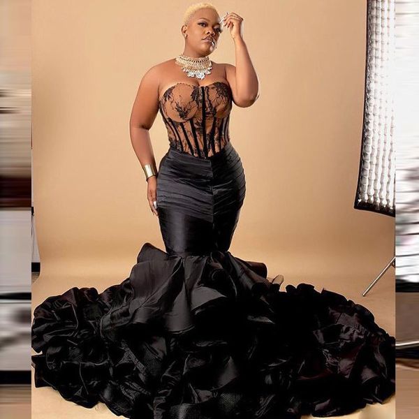 party dresses black plus size prom with exposed boning lace appliques ruffles layered train mermaid evening dress aso ebi vestidos, White;black
party dresses black plus size prom with exposed boning lace appliques ruffles layered train mermaid evening dress aso ebi vestidos, White;black
