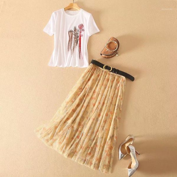 runway white short sleeve t-shirt +mesh skirt suit 210312mx01 two piece dress