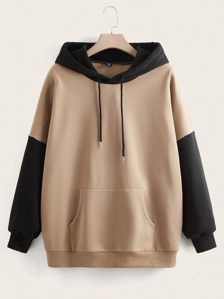 plus color block kangaroo pocket drop shoulder drawstring thermal hoodie j2jh#, Black
plus color block kangaroo pocket drop shoulder drawstring thermal hoodie j2jh#, Black