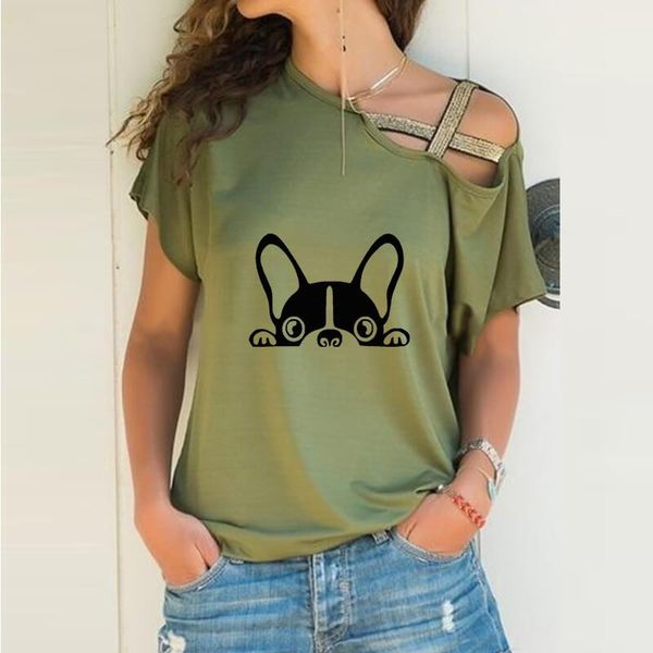 women's t-shirt boston terrier dog head print loose irregular women skew neck cross bandage for female art lover gift, White
women's t-shirt boston terrier dog head print loose irregular women skew neck cross bandage for female art lover gift, White