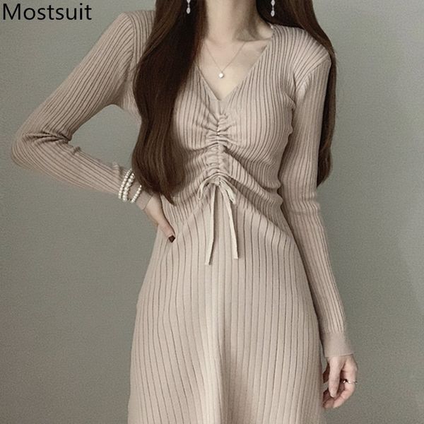 korean elegant knitted v-neck sweater dress women autumn long sleeve drawstring basic ladies dresses vestidos femme 210518, Black;gray
korean elegant knitted v-neck sweater dress women autumn long sleeve drawstring basic ladies dresses vestidos femme 210518, Black;gray