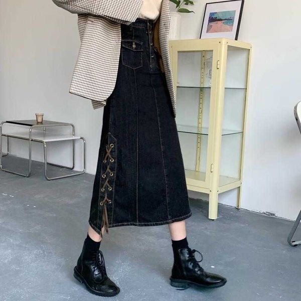 vintage streetwear high waist black split cross bandage denim skirts women a line wrap hip slim faldas mujer moda fashion 210610
vintage streetwear high waist black split cross bandage denim skirts women a line wrap hip slim faldas mujer moda fashion 210610