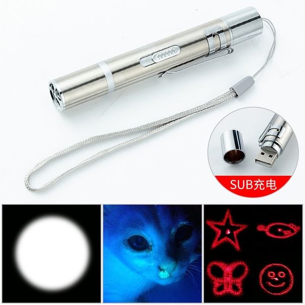 usb direct charging stainless steel mini laser multi pattern 395nm violet light cash detector cat stick pet flashlight