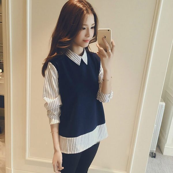 women's two-piece long sleeve shirt, white stripe spring and autumn shirt 
women's two-piece long sleeve shirt, white stripe spring and autumn shirt