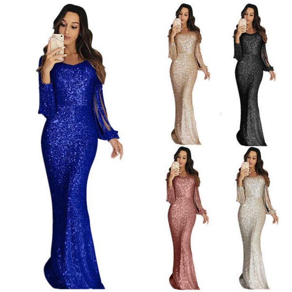 2020 women's long dress evening dress long sleeve tassel dinner dress, White;black
