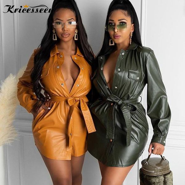 casual dresses kricesseen solid pu leather long sleeve mini dress with belt women elegant turn-down collar bodycon ladies clothing, Black;gray
casual dresses kricesseen solid pu leather long sleeve mini dress with belt women elegant turn-down collar bodycon ladies clothing, Black;gray
