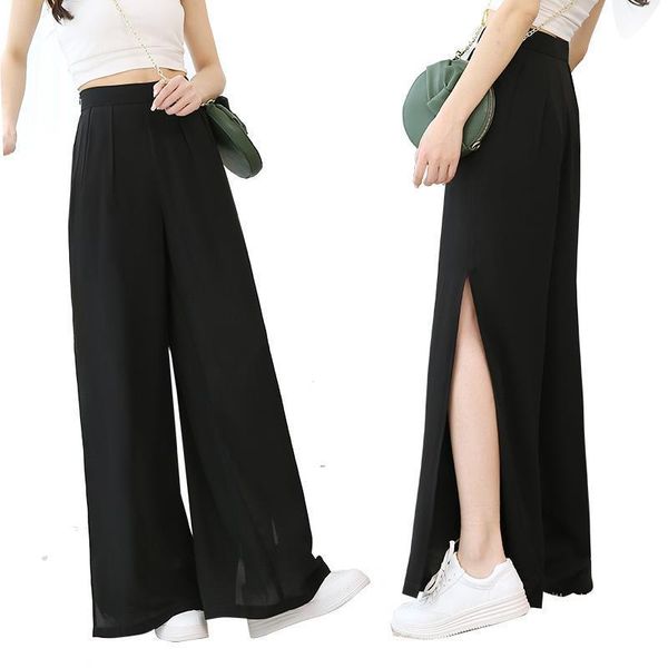 wkoud wide leg black womens pants solid chiffon trousers side split high waist female full length summer pant p8383, Black;white
wkoud wide leg black womens pants solid chiffon trousers side split high waist female full length summer pant p8383, Black;white
