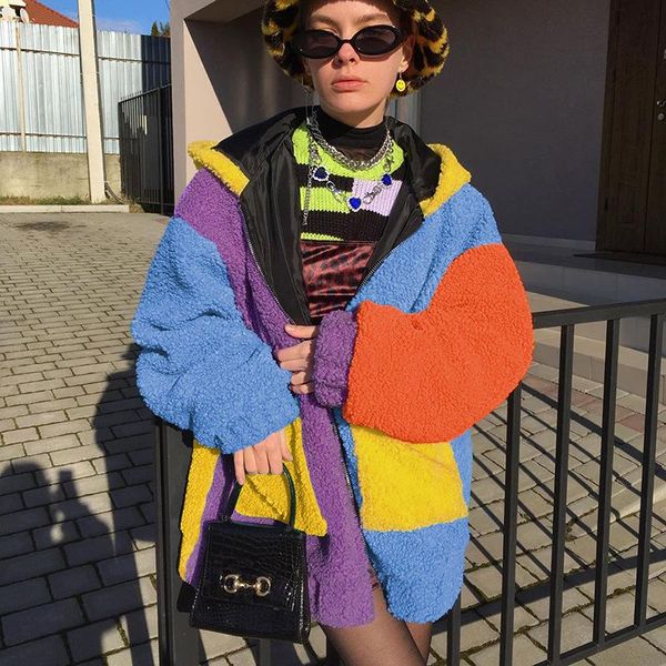 women's wool & blends y2k rainbow casual loose teddy faux fur coat lambswool oversized hooded woman jacket autumn winter fluffy overcoa, Black
women's wool & blends y2k rainbow casual loose teddy faux fur coat lambswool oversized hooded woman jacket autumn winter fluffy overcoa, Black