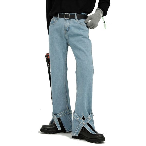 men's jeans streetwear hip hop vintage casual straight trousers male korean style hem strap split fork denim pants man udon, Blue
men's jeans streetwear hip hop vintage casual straight trousers male korean style hem strap split fork denim pants man udon, Blue