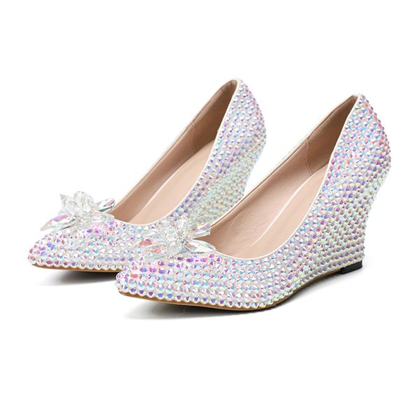 ab crystal women bridal shoes cinderella prom pumps pointed toe wedge heels, Black
ab crystal women bridal shoes cinderella prom pumps pointed toe wedge heels, Black