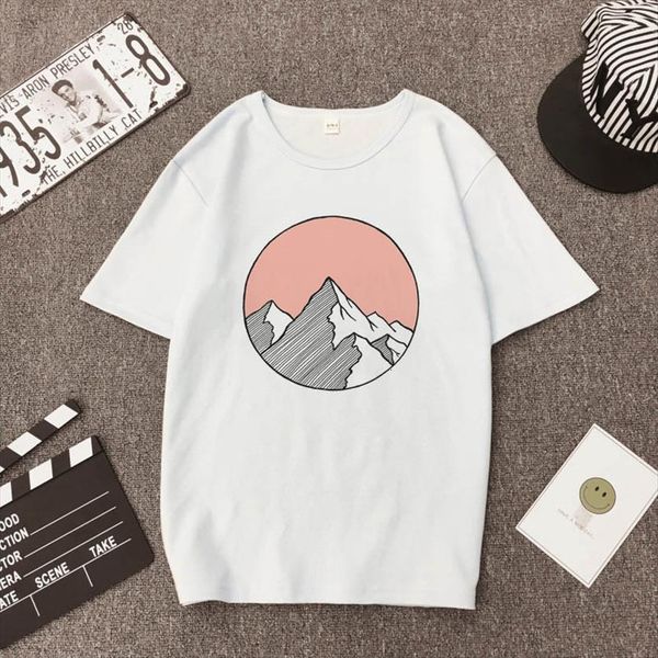 creative mountain print pink women t shirts graphic cartoon harajuku summer tee female, White