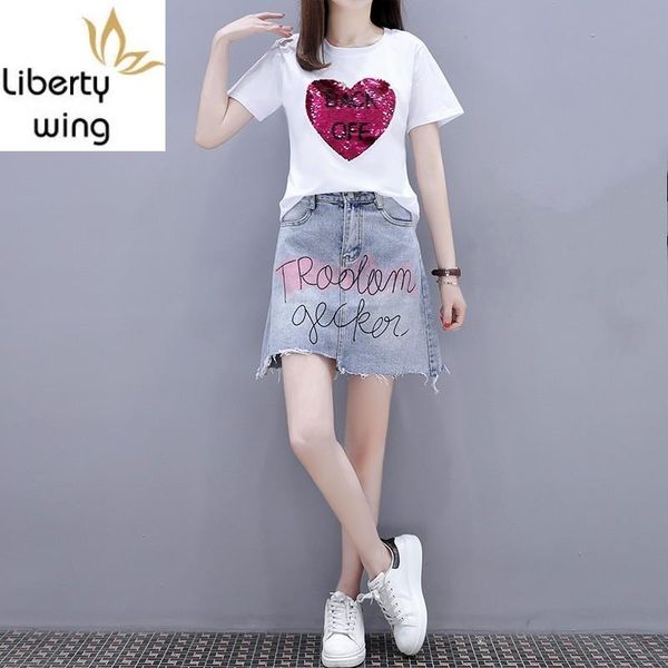 two piece dress fashion summer womens sets short sleeve o-neck letter sequins love pullover t-shirts asymmetrical a-line denim skirts, White
two piece dress fashion summer womens sets short sleeve o-neck letter sequins love pullover t-shirts asymmetrical a-line denim skirts, White
