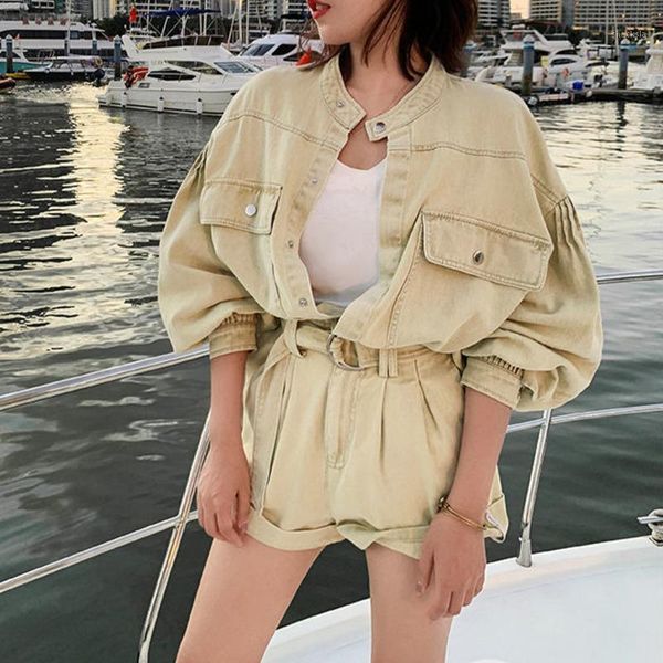 women's tracksuits prepomp 2021 spring arrivals beige long sleeve denim wide leg shorts with belt two piece set women outfits ga091, Gray
women's tracksuits prepomp 2021 spring arrivals beige long sleeve denim wide leg shorts with belt two piece set women outfits ga091, Gray