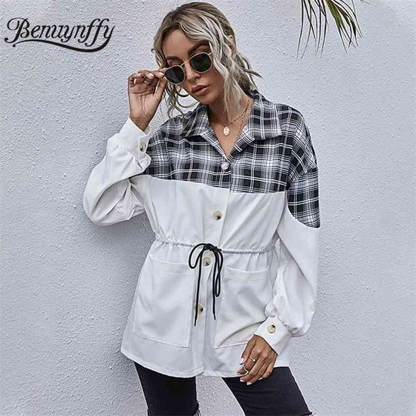 button plaid colorblock women coat and jacket autumn pocket long sleeve drawstring coats white casual ladies outwear 210510, Black;brown
button plaid colorblock women coat and jacket autumn pocket long sleeve drawstring coats white casual ladies outwear 210510, Black;brown